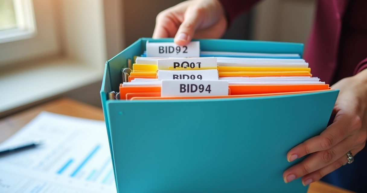 Pasta de documentos licitatórios coloridos e etiquetas de validade.