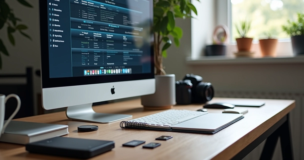 Pastas organizadas de backup em tela e disco externo 