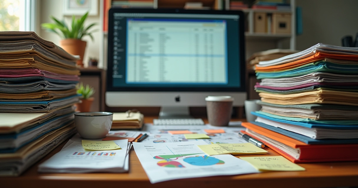 Pastas de arquivos desorganizadas em uma mesa de escritório