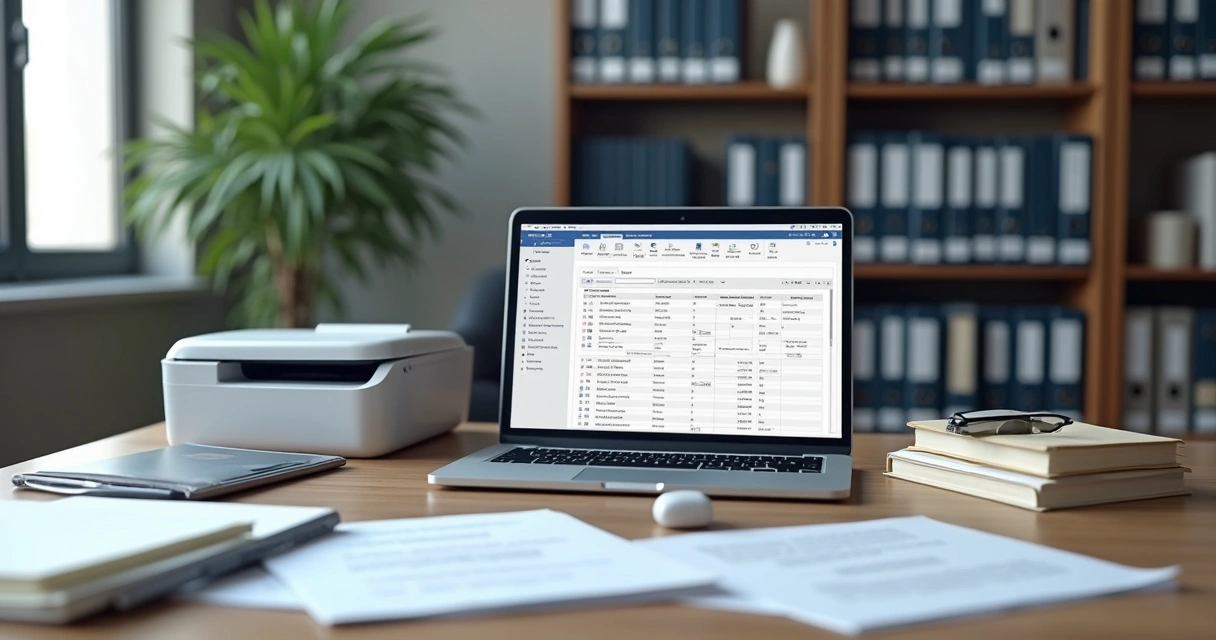 Pastas jurídicas digitais organizadas em tela e documentos físicos na mesa