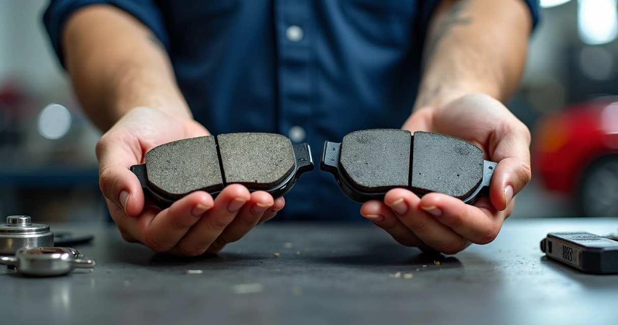 Mãos segurando uma pastilha de freio automotiva usada e outra nova sobre uma bancada de oficina 