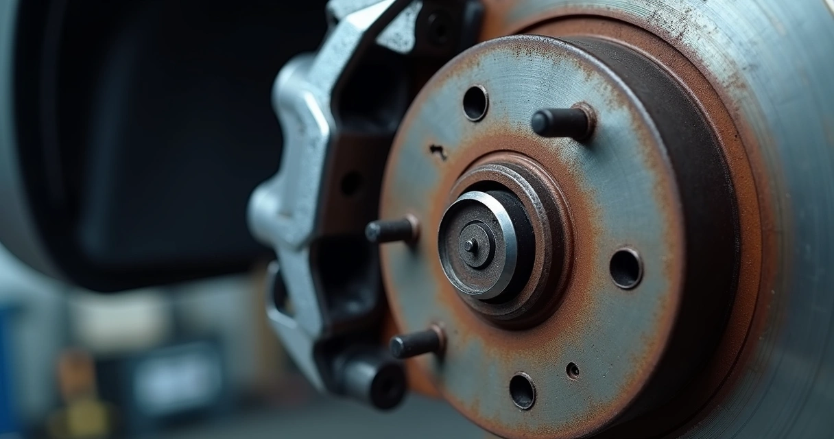 Close-up detalhado de pastilhas de freio automotivas instaladas em sistema de freagem com componentes metálicos e disco de freio visível 