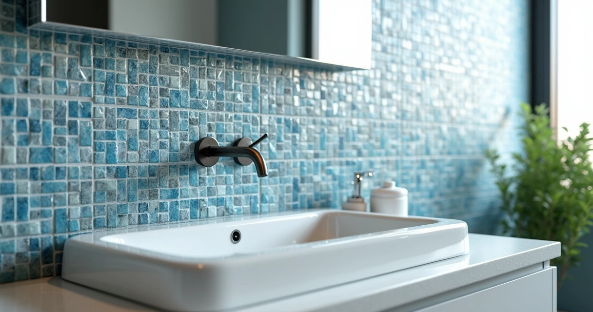 Pastilhas em mosaico aplicadas em parede de banheiro 