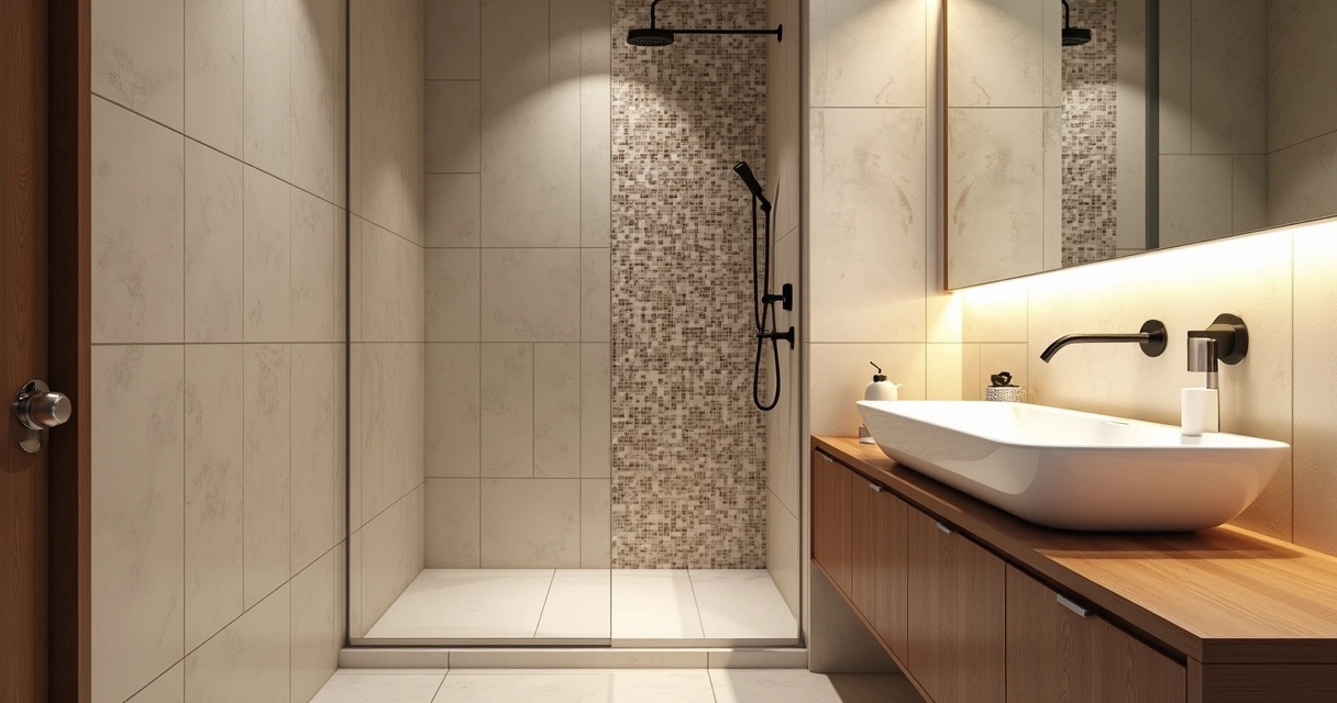 Parede de banheiro pequeno com pastilhas e revestimento 3D 