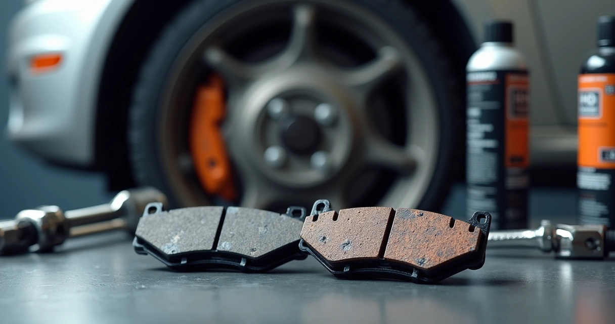 Pastilhas de freio novas e usadas lado a lado com ferramentas automotivas em fundo de oficina 