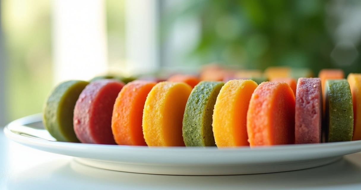 Pastilhas veganas coloridas alinhadas em prato branco 
