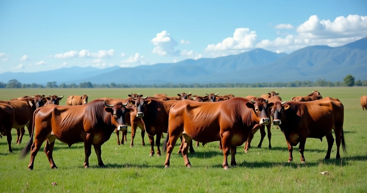 Boiada em pasto verde com montanhas ao fundo em Cuiabá 