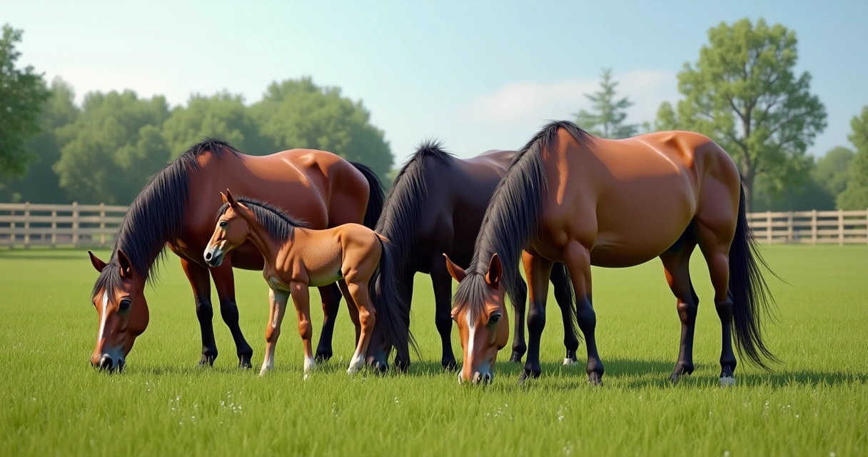 Cavalos de diferentes idades pastando juntos em gramado verde 