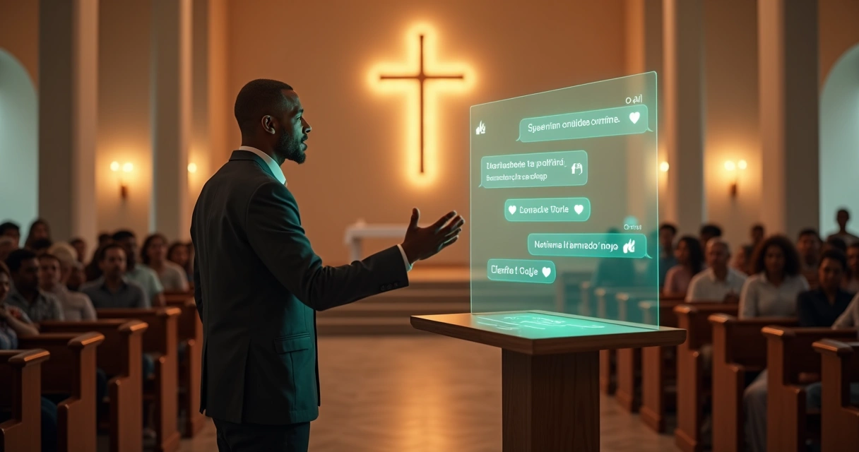 Pastor em púlpito com tela exibindo mensagens automáticas humanizadas 