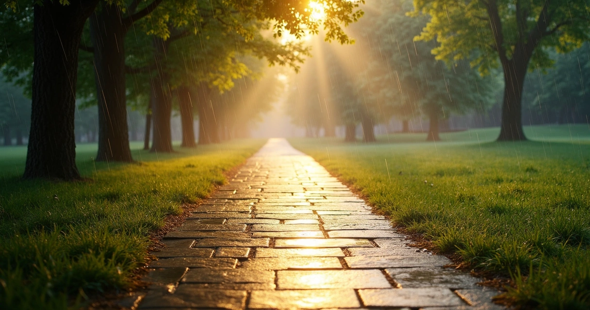 Wet path with sunlight after rain in a quiet park 