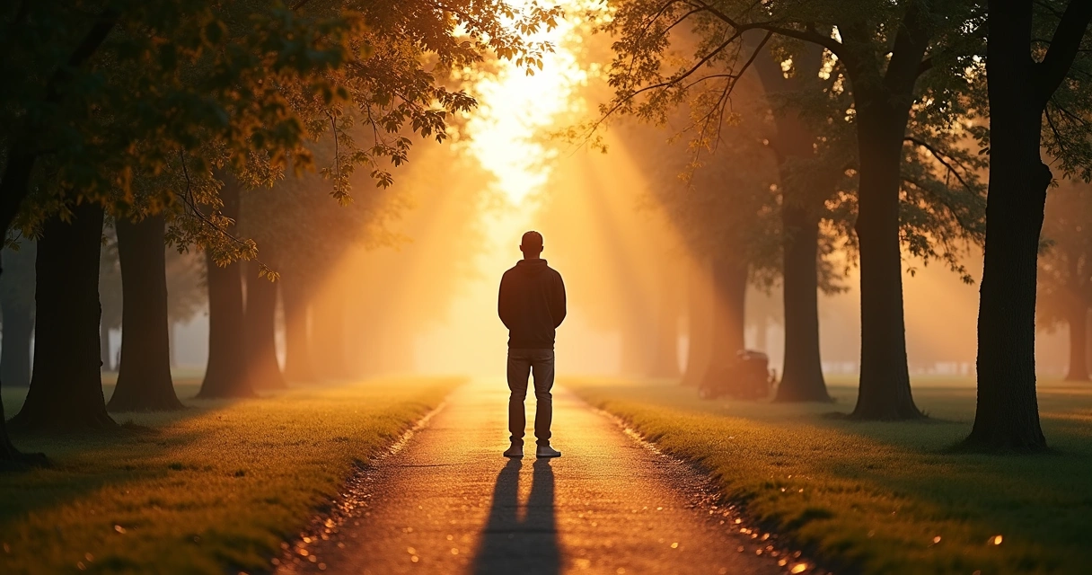 Person standing on a path between light and shadow