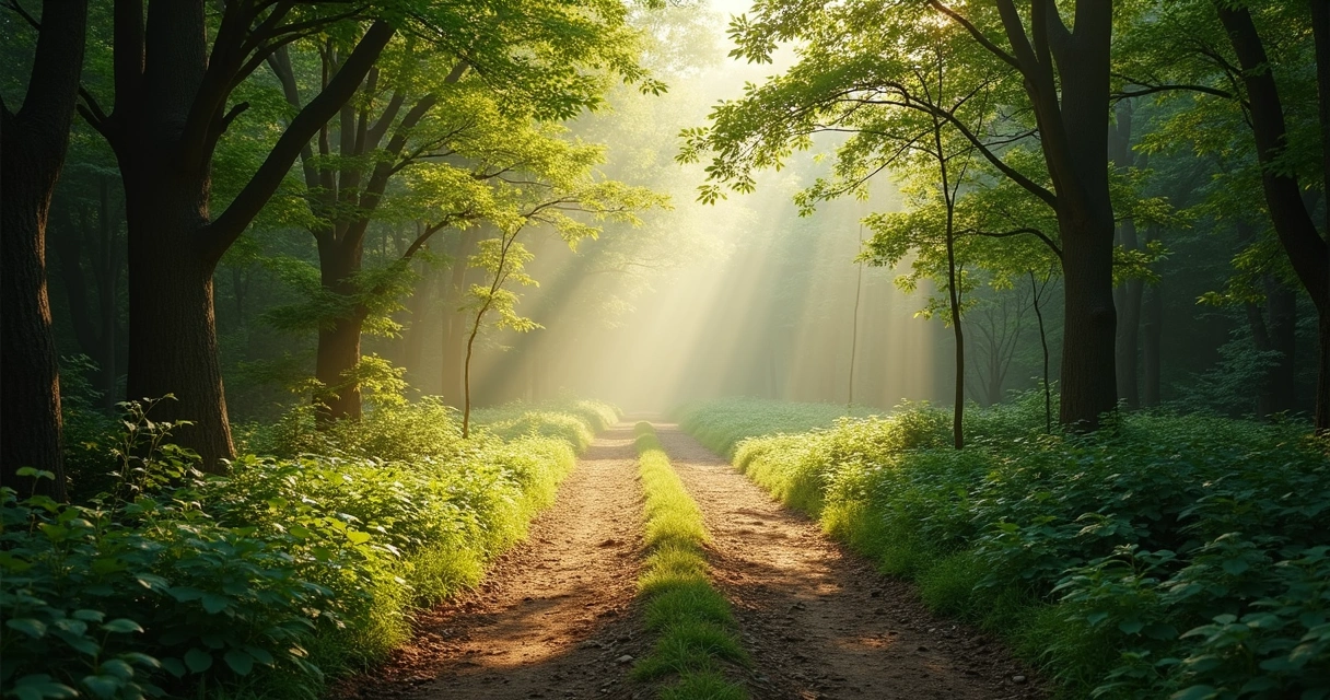 Forked forest path marked by light and shadow