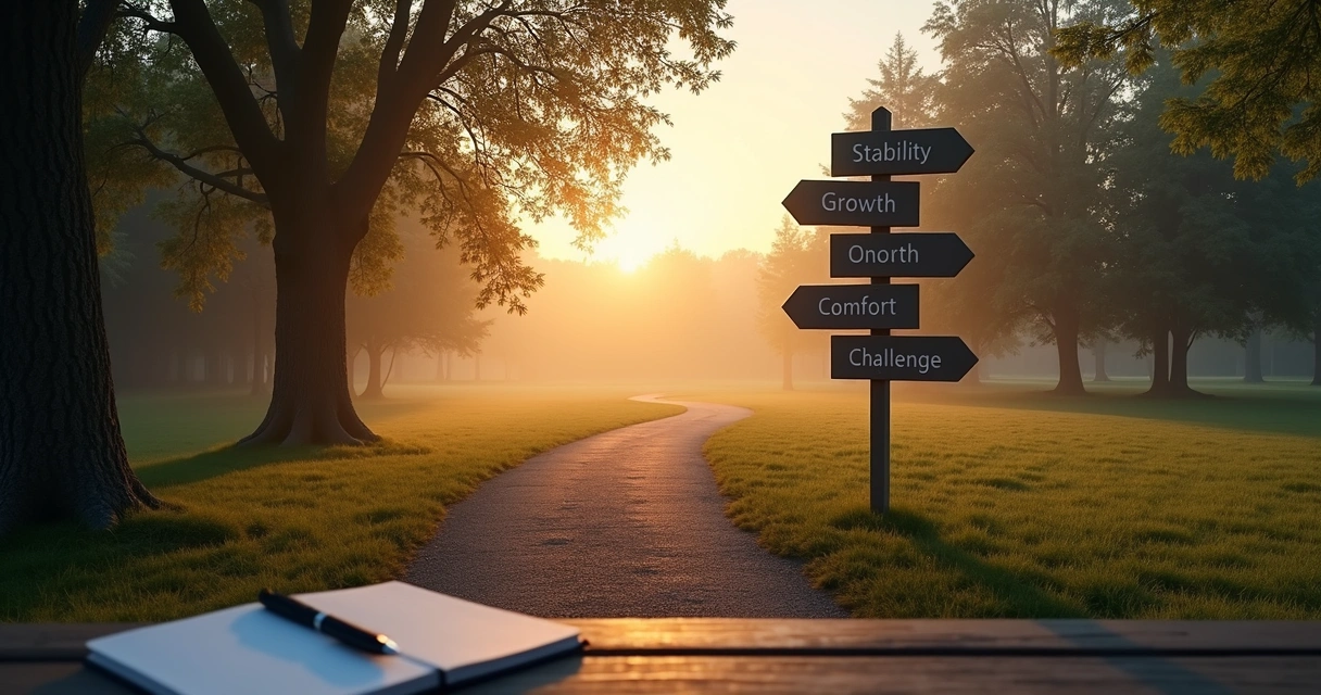 Two walking paths with signposts symbolizing future choices and emotional outcomes 