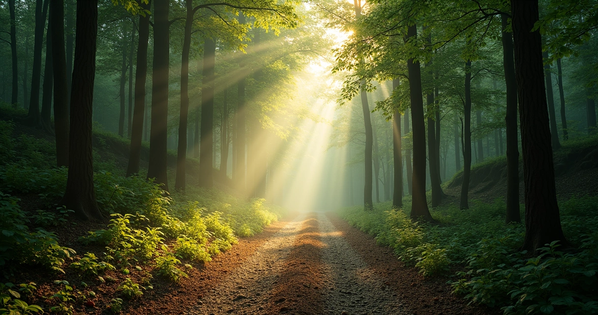Forest path splitting into two directions with light on one side 
