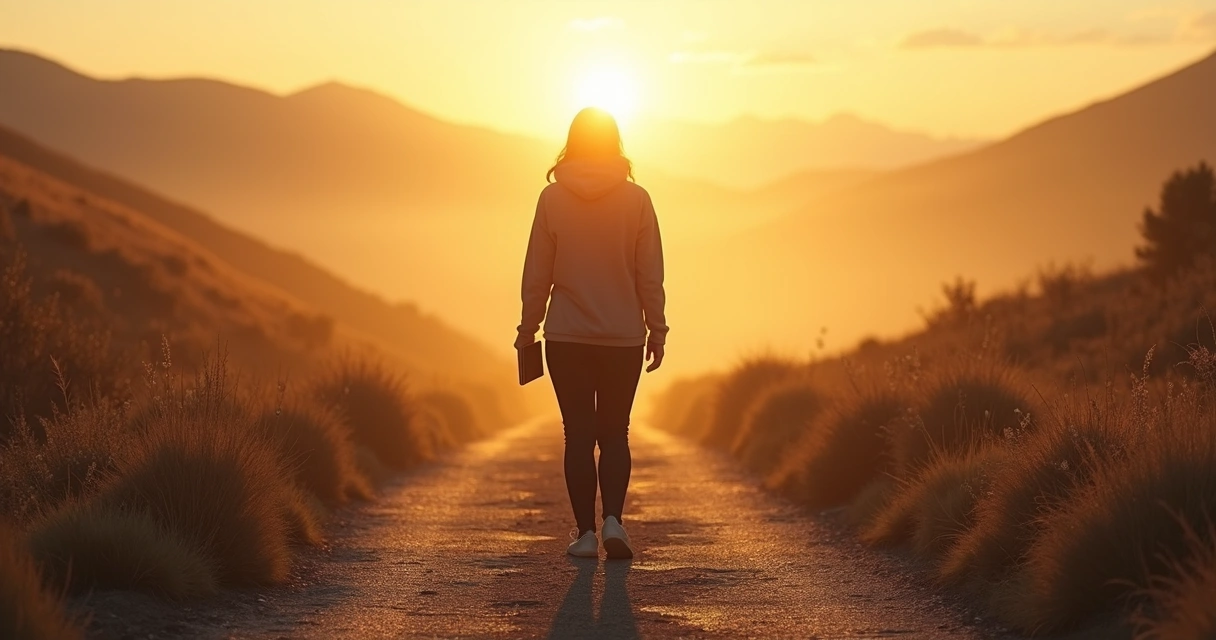 Person walking on split path at sunrise with notebook in hand