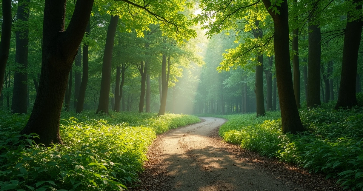 Path winding through green forest with sunlight 