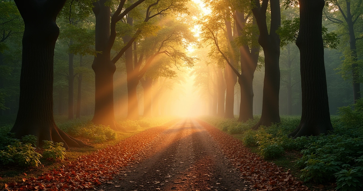 Forest path splitting into two directions at sunrise