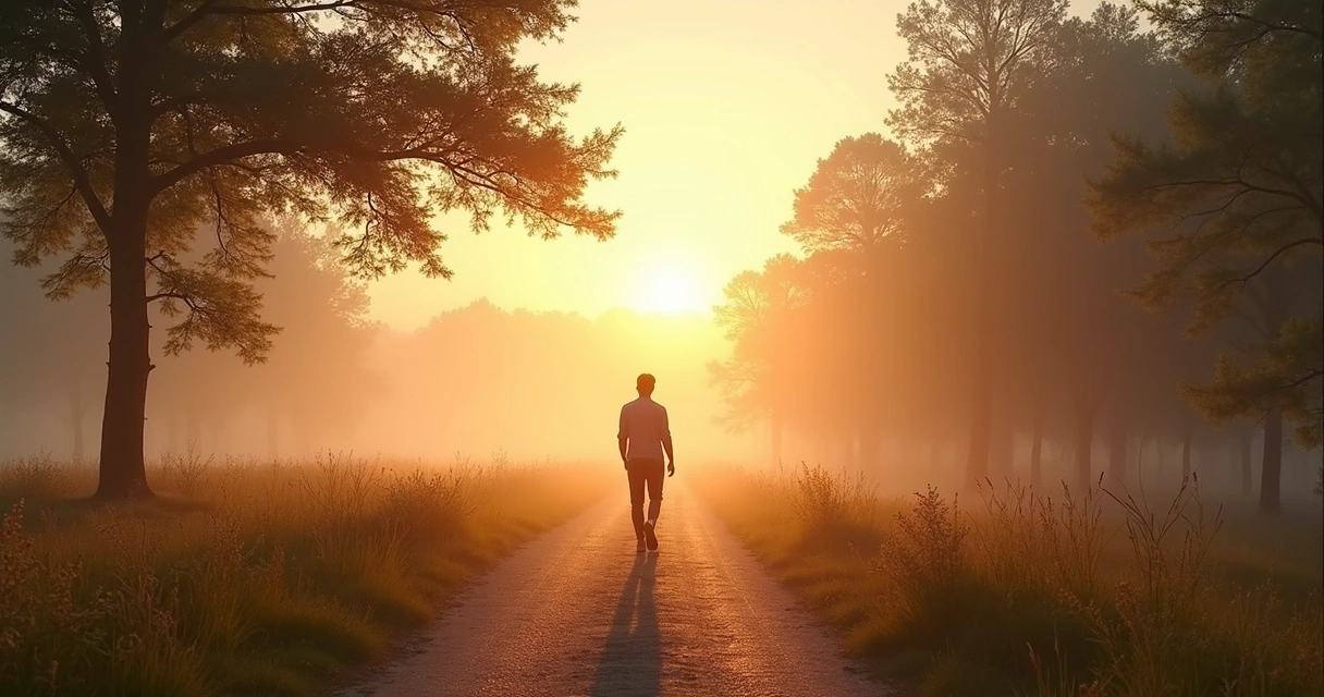 Person walking slowly on a quiet path at sunrise