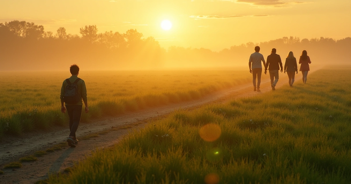One person walking along a path through a field, while a group walks in the opposite direction. 