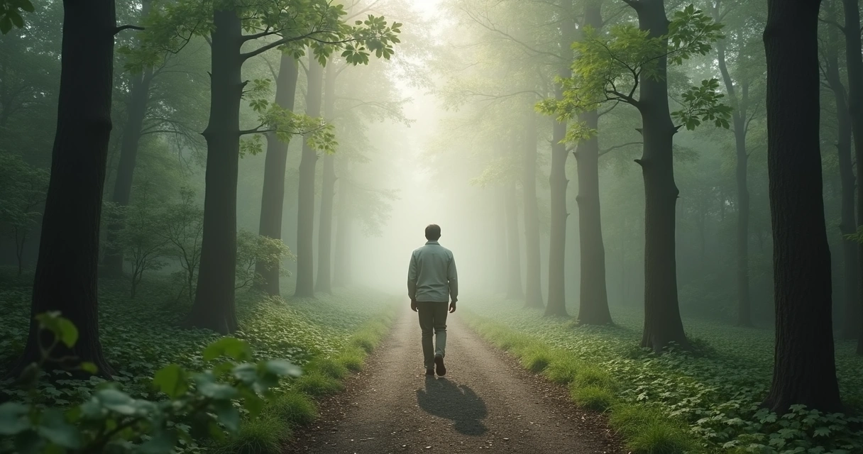 Person walking on a forest path through morning fog
