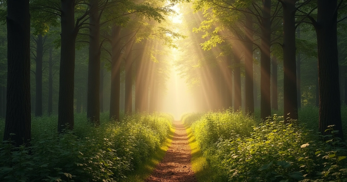 Forest path with light breaking through tall trees