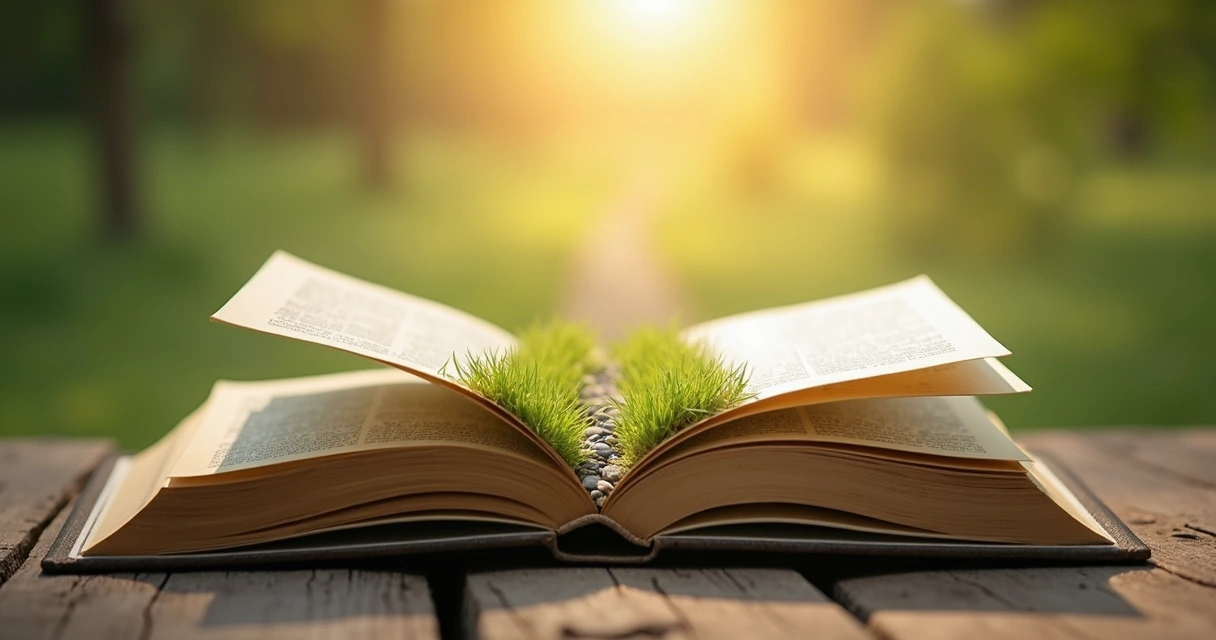 Path emerging from an open book in soft light