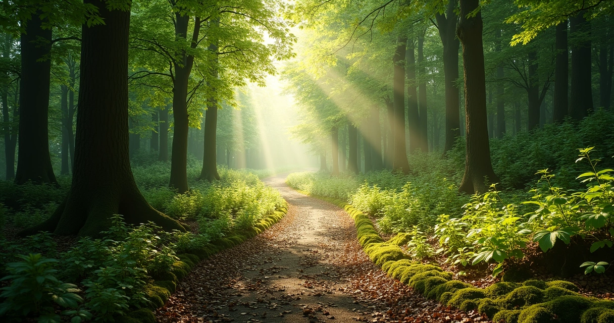 Realistic path through forest leading into the light 