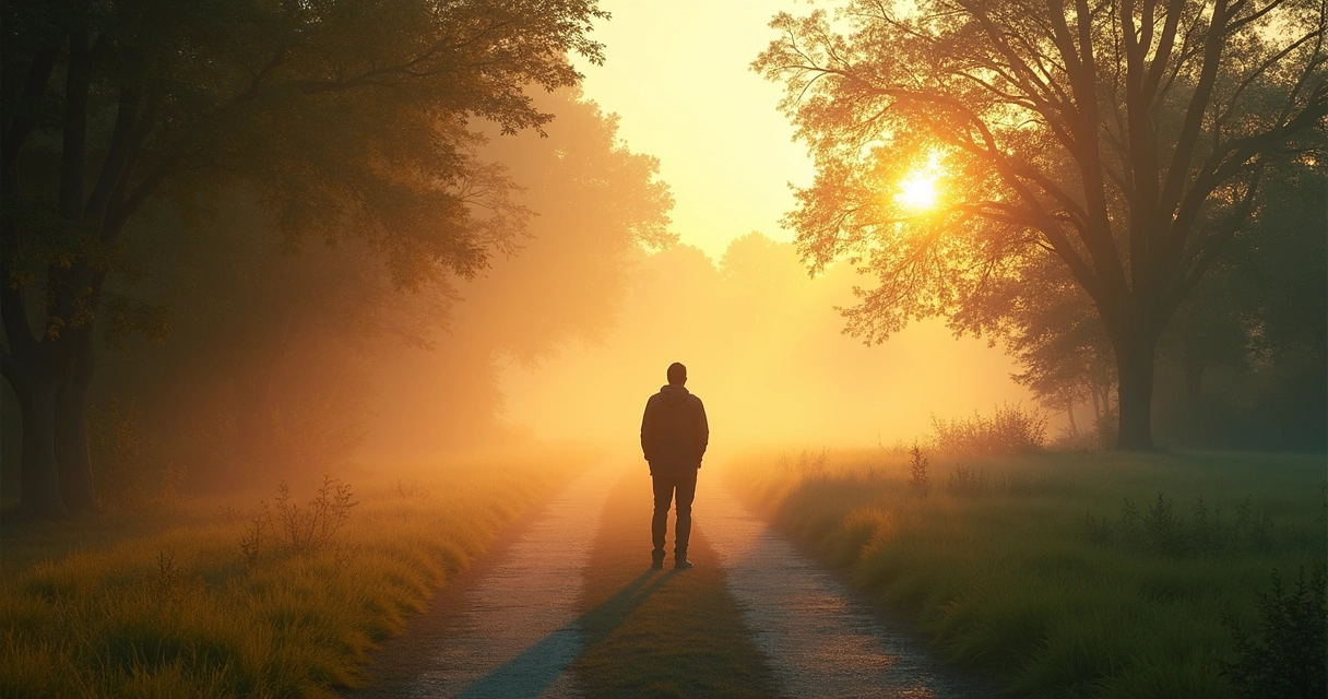 Person standing at a forked path in soft morning light