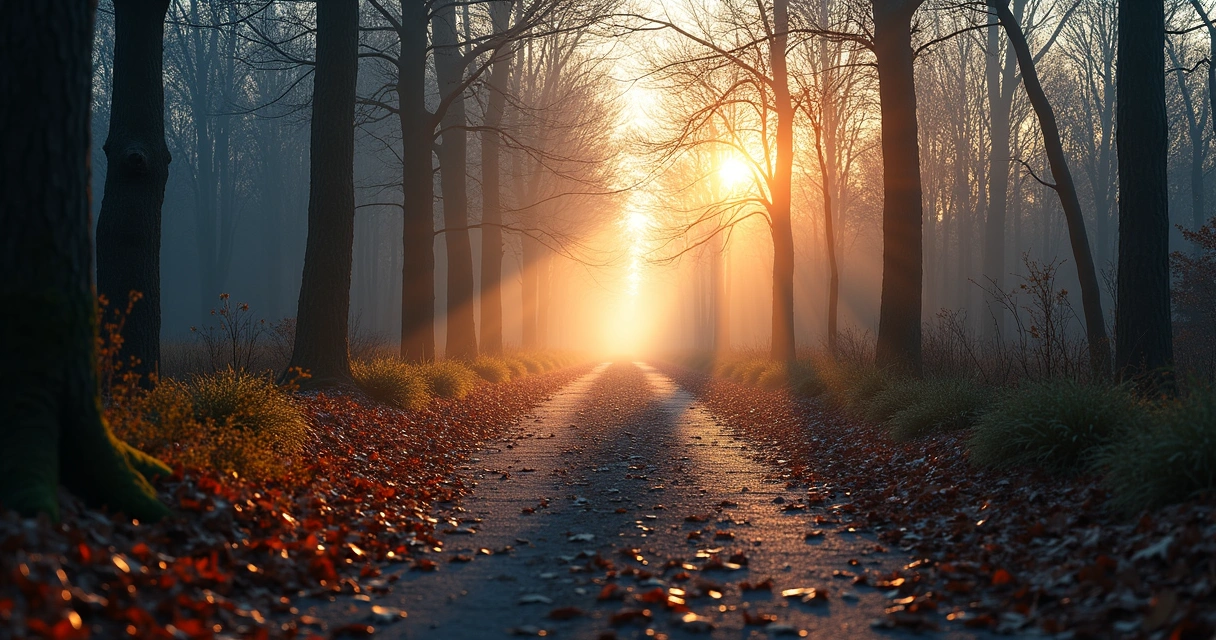 Forest path splitting into two directions at sunrise 