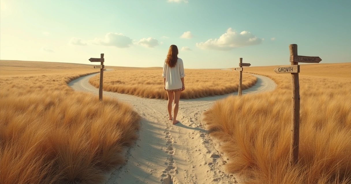 Woman standing at crossroads in field with different roads representing choice 