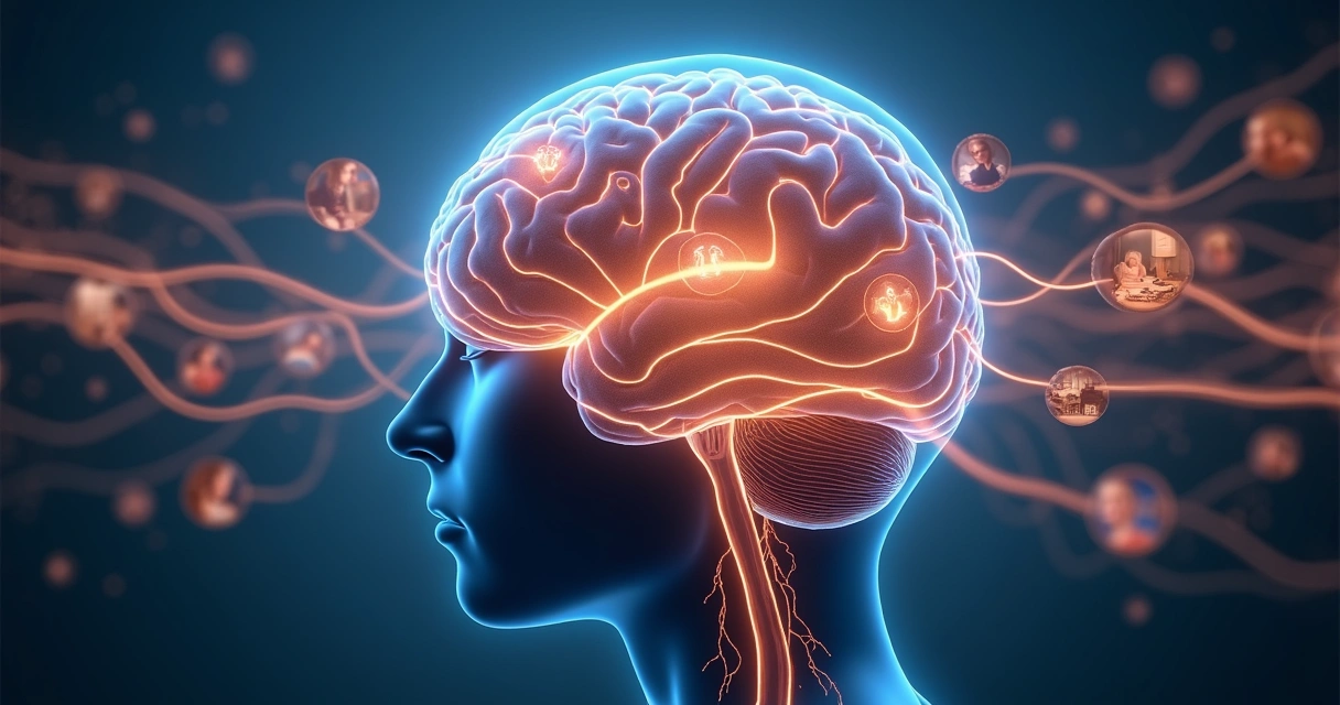 Illustration of human brain with highlighted pathways connecting past and present emotions.