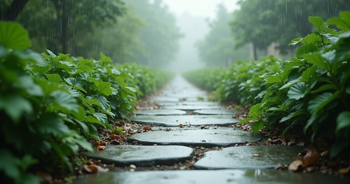 Stone path after rain leading through a quiet garden