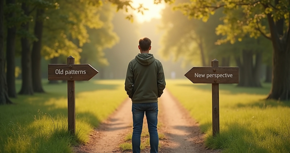 Person standing at a forked path with signs for old and new thinking 