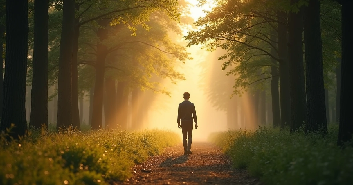 Person walking on a sunlit forest path 