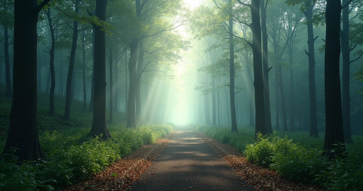 A winding path in a forest seen at dawn with light breaking through mist