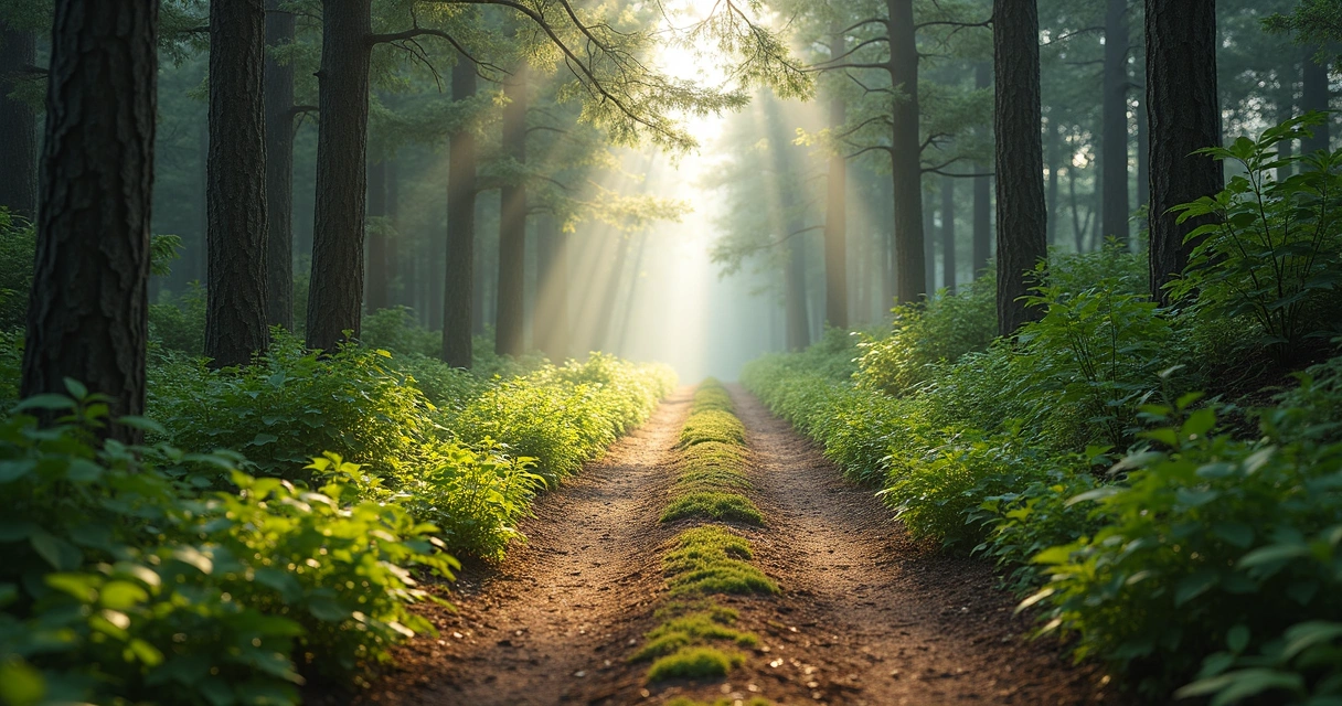Forest path splitting into two trails under soft morning light