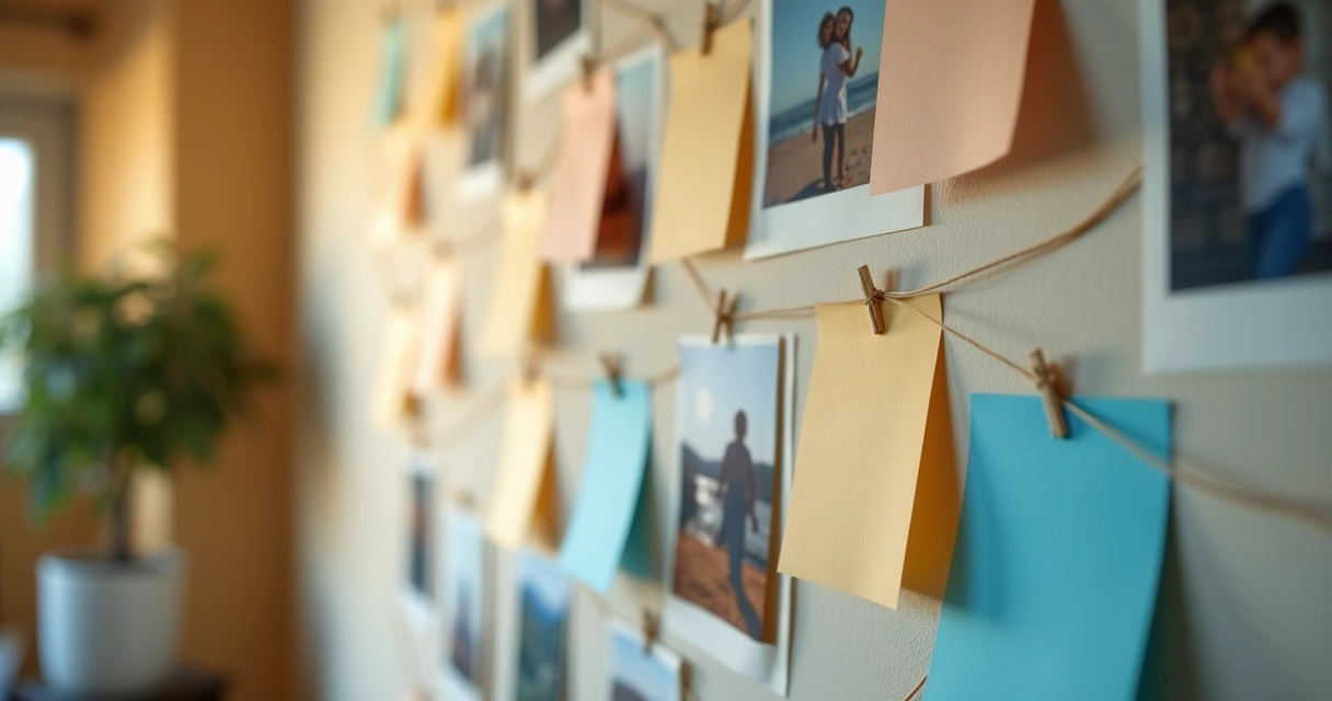 Sticky notes and string on a wall showing connected life events