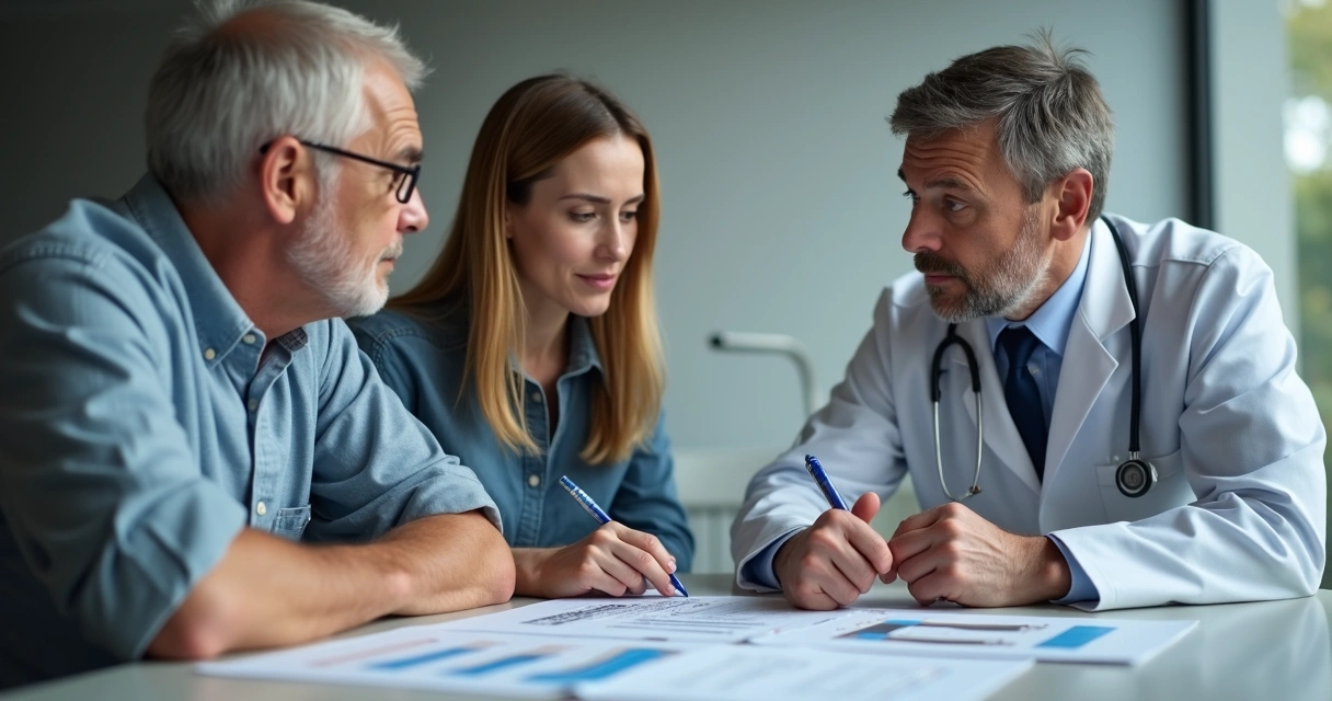 Two adults sitting at a table with a doctor, reviewing printed medical charts together 