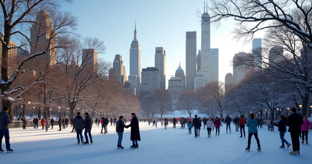 Pista de patinação no gelo no Central Park com Manhattan ao fundo 