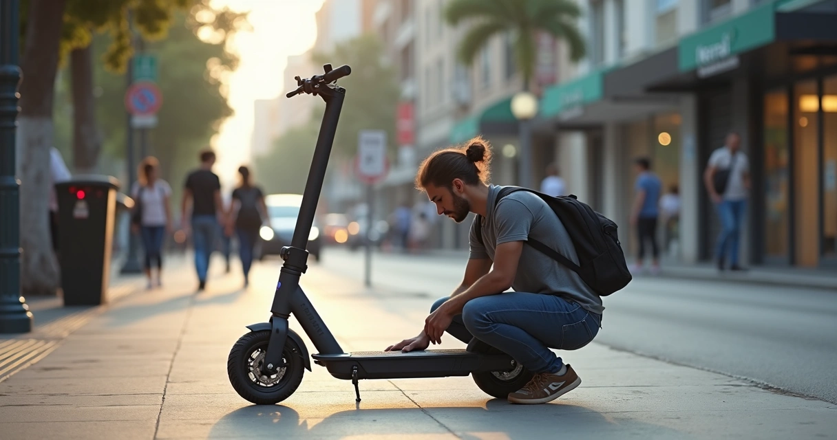 Patinete elétrico parado em calçada com pedestre preocupado ao lado 