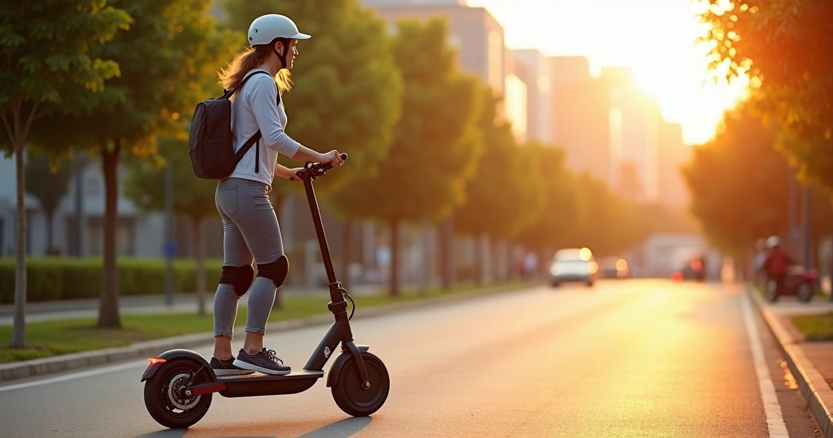 Mulher adulta usando patinete elétrico em ciclovia urbana ao entardecer 