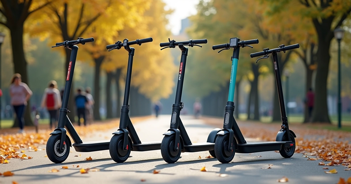 Vários modelos de patinetes elétricos em um parque urbano