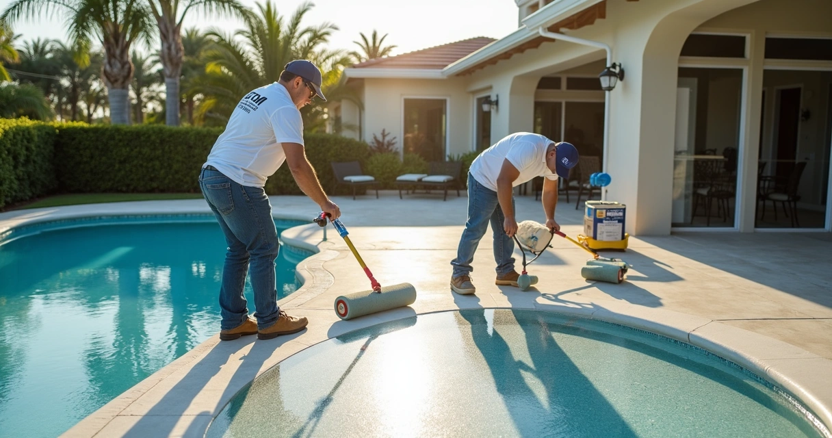 Two professionals applying slip-resistant coating to poolside patio 