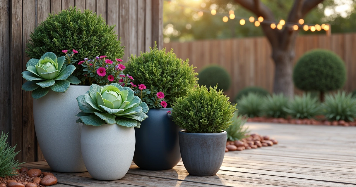 Three winter patio containers grouped along a wooden deck