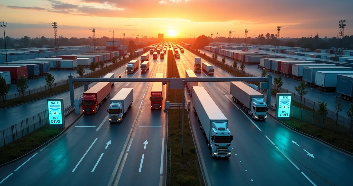 Vista aérea de pátio de veículos com portaria digital e controle automatizado de acesso 