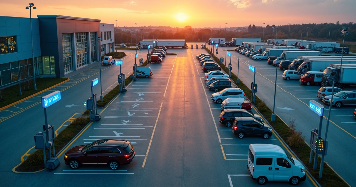 Pátio grande com vagas de veículos monitoradas por sistema inteligente em tempo real 