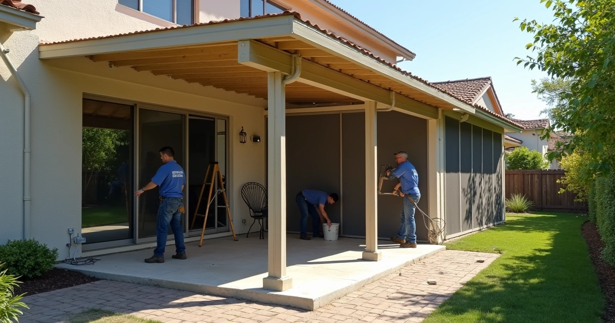 Technicians installing an aluminum patio cover 