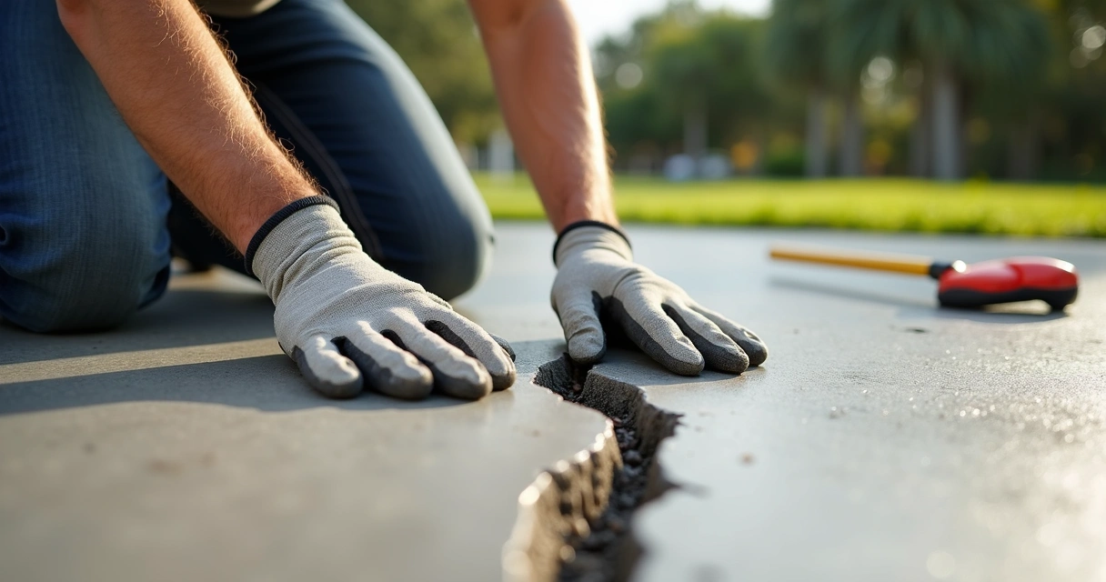 Worker fills crack in patio slab 