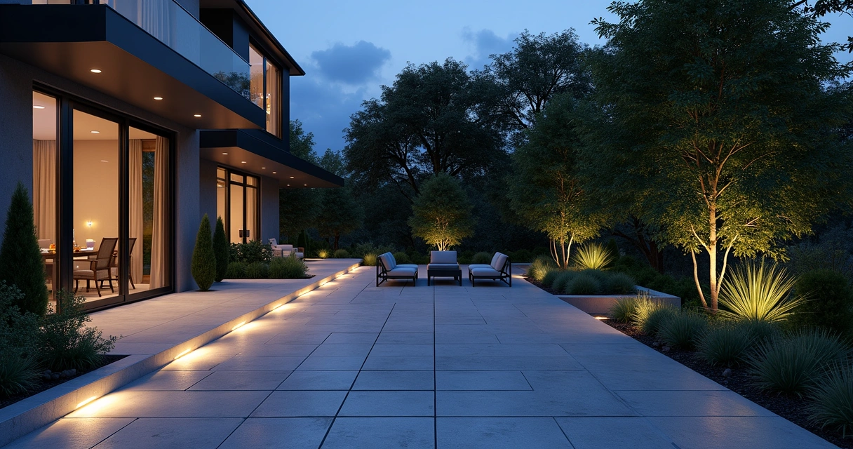3D night-time rendering of patio deck with landscape lighting