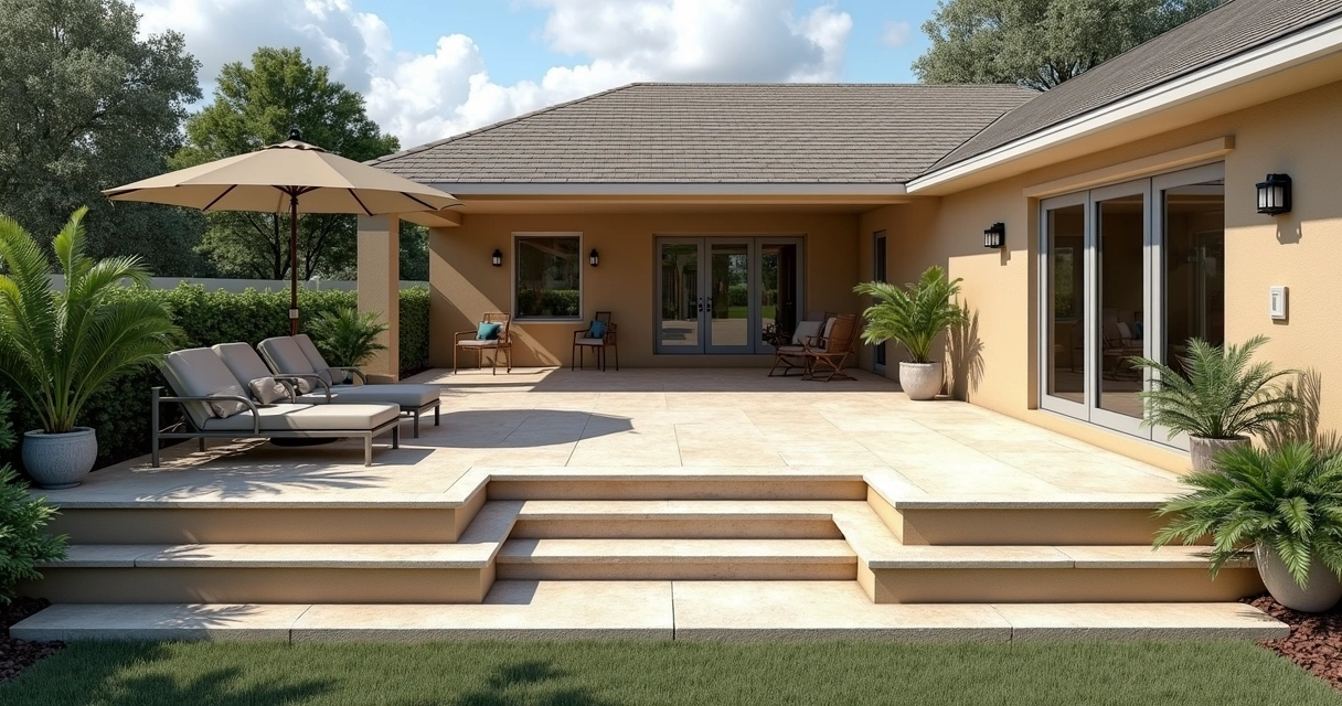 3D render of a multi-level patio layout with steps, retaining walls, and varied seating areas in Central Florida 